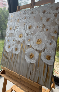 Yağlı Boya Dokulu Kabartmalı Gold Detaylı Çiçekler Tablo 90x90cm