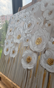 Yağlı Boya Dokulu Kabartmalı Gold Detaylı Çiçekler Tablo 90x90cm