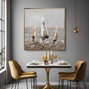 Yağlı Boya Dokulu Kabartmalı Bej Tonlu Yelkenli Tablo 90x90cm
