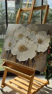 Yağlı Boya Dokulu Kabartmalı Bej Krem Çiçekler Tablo