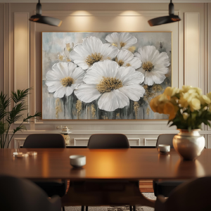 Yağlı Boya Dokulu Kabartmalı Bej Krem Çiçekler Tablo