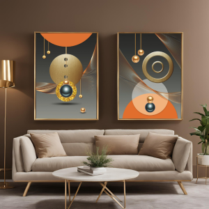 İkili Kanvas Tuval Tablo Turuncu Altın Şekiller Kod: YC49017-K