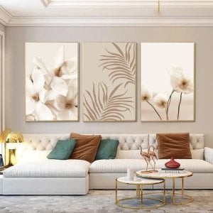 Üçlü Kanvas Tuval Tablo Seti Krem Çiçekler Kod: DC1001-K