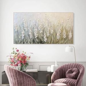 Yağlı Boya Dokulu Kabartmalı Beyaz Lavanta Tablo 70x120cm