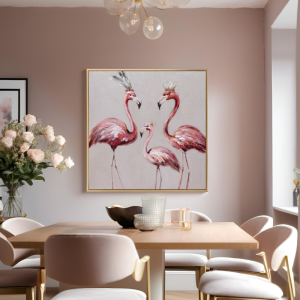 Yağlı Boya Dokulu Kabartmalı Flamingo Tablo 90x90cm