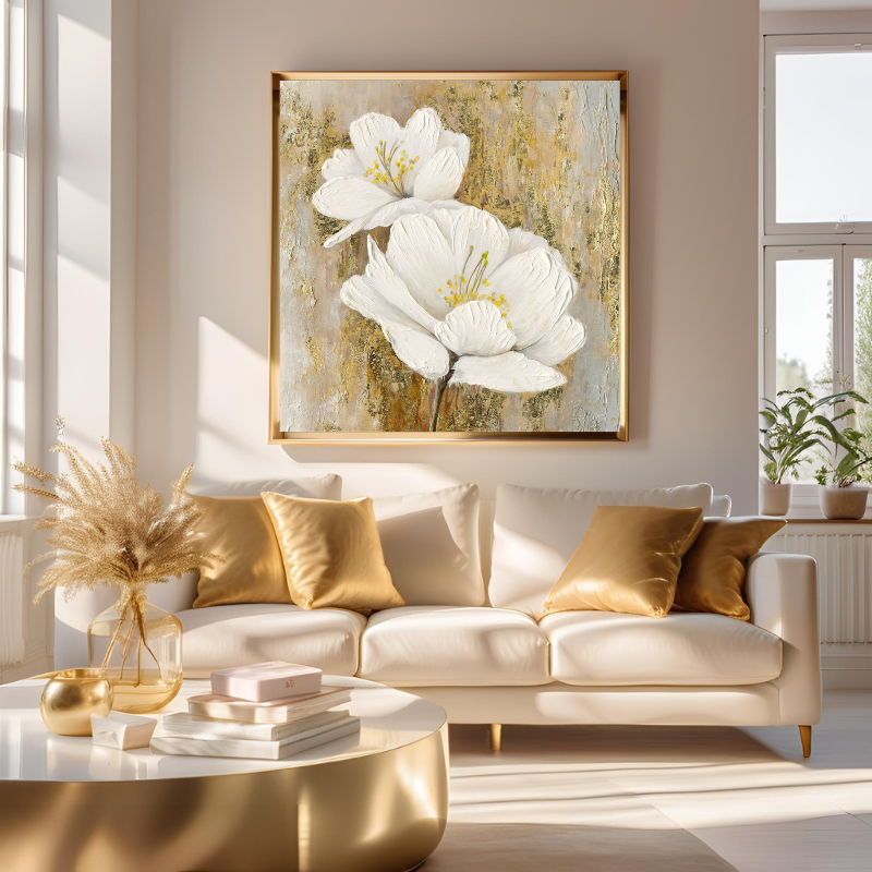 Yağlı Boya Dokulu Kabartmalı Altın Tohumlu Çiçekler Tablo 90x90cm