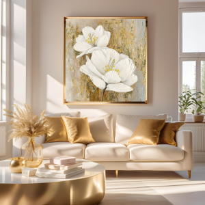 Yağlı Boya Dokulu Kabartmalı Altın Tohumlu Çiçekler Tablo 90x90cm