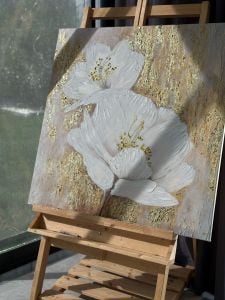 Yağlı Boya Dokulu Kabartmalı Altın Tohumlu Çiçekler Tablo 90x90cm