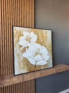 Yağlı Boya Dokulu Kabartmalı Altın Tohumlu Çiçekler Tablo 90x90cm