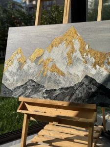 Yağlı Boya Dokulu Kabartmalı Gold Dağlar Tablo 70x120cm