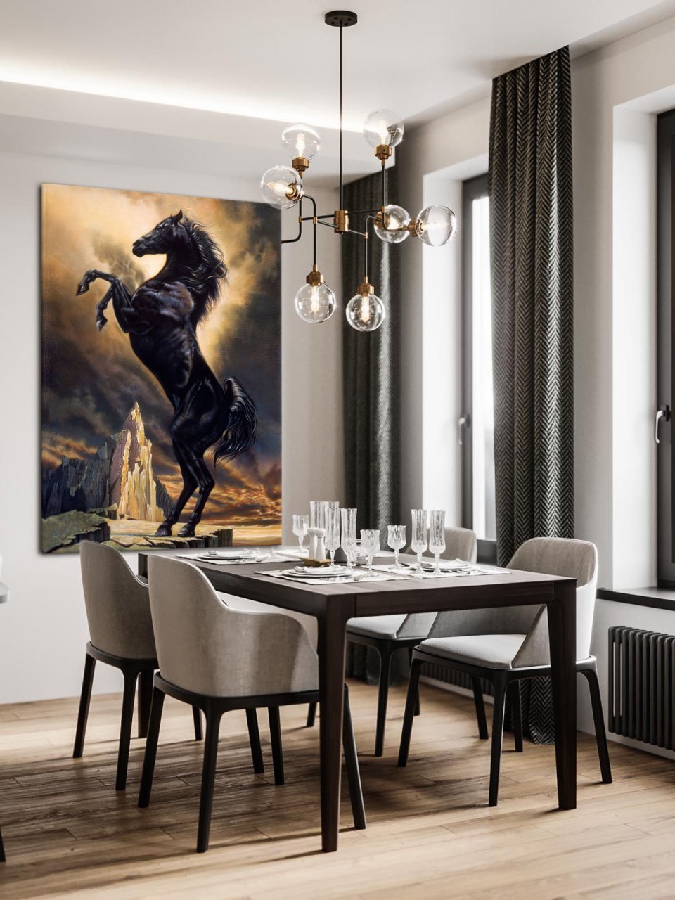 Kanvas Tablo Siyah At Kod: Y832-K 90x90cm Kanvas Tablo - Altın Metal Çerçeve-