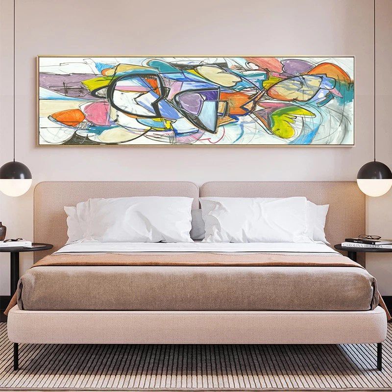 120x50cm Panoramik Kanvas Tuval Tablo Renkli Soyut Kod: P001 Altın Metal Çerçeve-