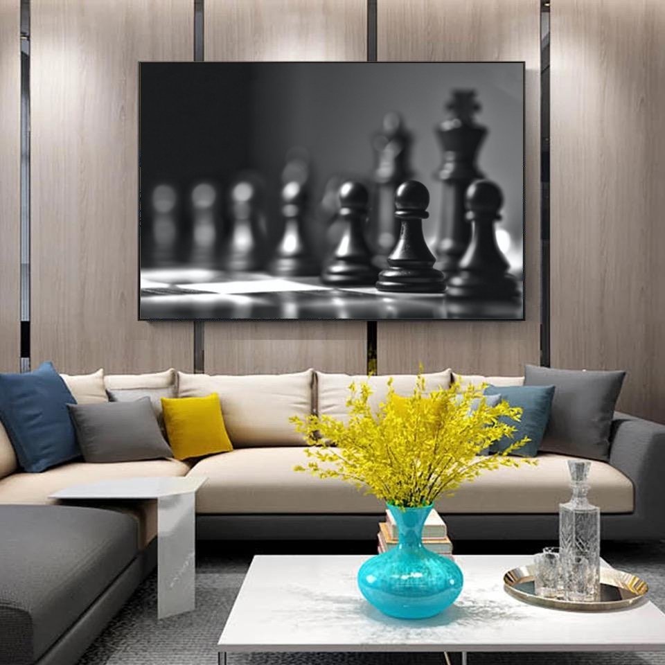 Kanvas Tuval Tablo Satranç Temalı Kod: S0002 90x90cm Kanvas Tablo - Altın Metal Çerçeve-