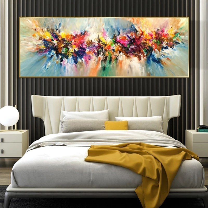 120x50cm Panoramik Kanvas Tuval Tablo Renkli Soyut Kod: L6677 Altın Metal Çerçeve-
