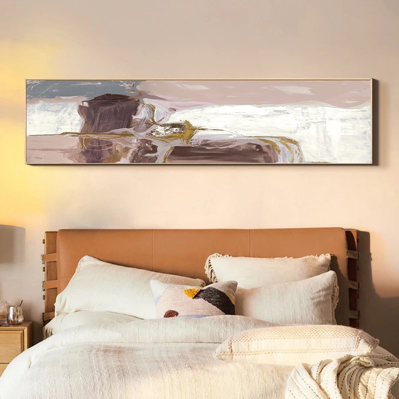 120x50cm Panoramik Kanvas Tuval Tablo Soyut Kahve Kod: P005 Altın Metal Çerçeve-