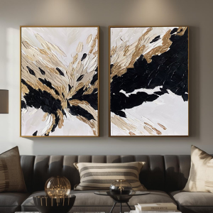 Yağlı Boya Dokulu Kabartmalı Siyah Altın Soyut İkili Tablo
