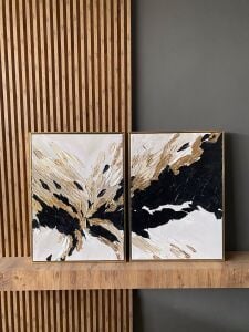 Yağlı Boya Dokulu Kabartmalı Siyah Altın Soyut İkili Tablo