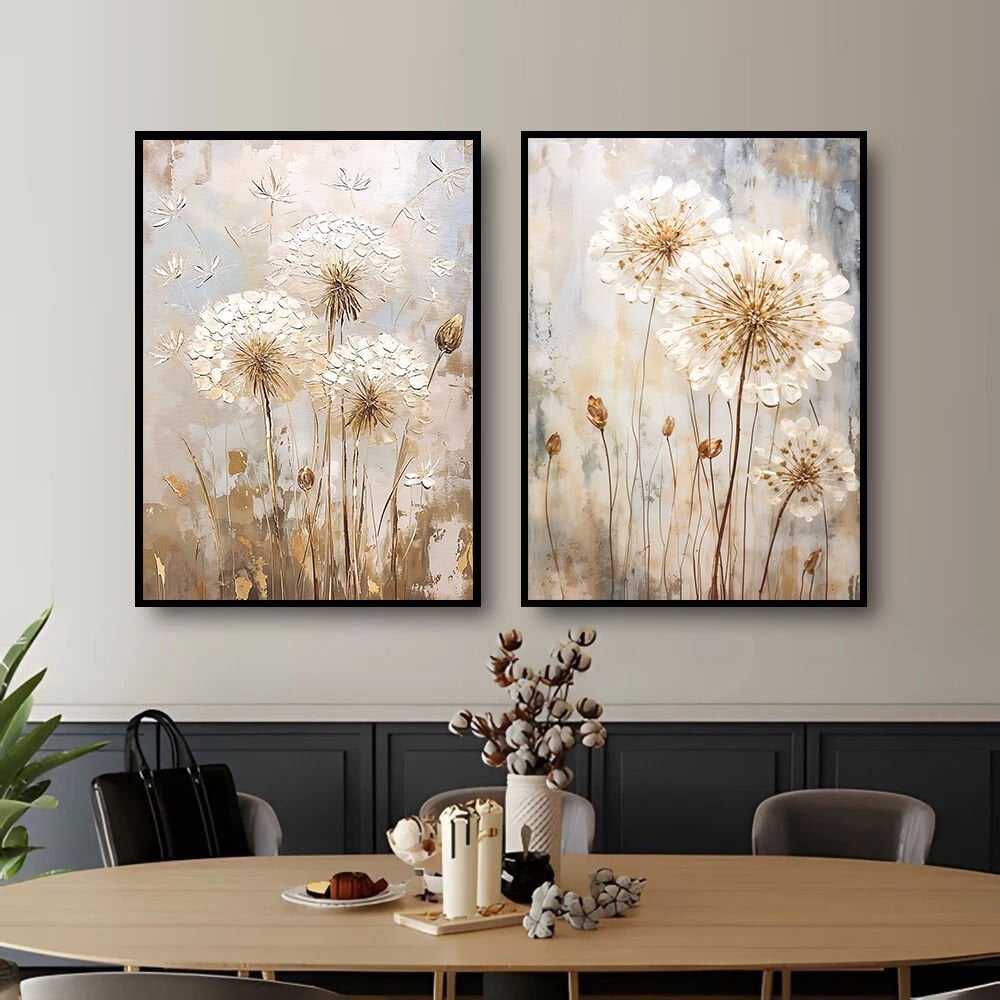 İkili Yağlı Boya Dokulu Kabartmalı Karahindiba Çiçekler