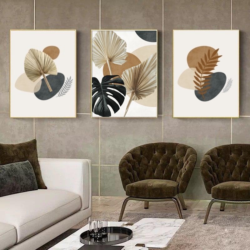 Üçlü Kanvas Tuval Tablo Seti Soyut Yapraklar Kod: SS10702-K