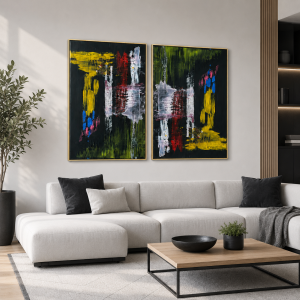 Yağlı Boya Dokulu Soyut Renklerin Dansı İkili Tablo 50x70cm