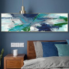 120x50cm Panoramik Kanvas Tuval Tablo Minimal Soyut Yeşil&Mavi Uyum Kod: P014 Altın Metal Çerçeve-