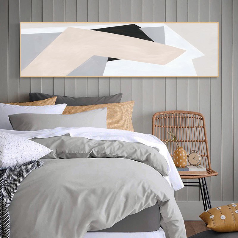 120x50cm Panoramik Kanvas Tuval Tablo Soyut Krem Kod: P015 Altın Metal Çerçeve-