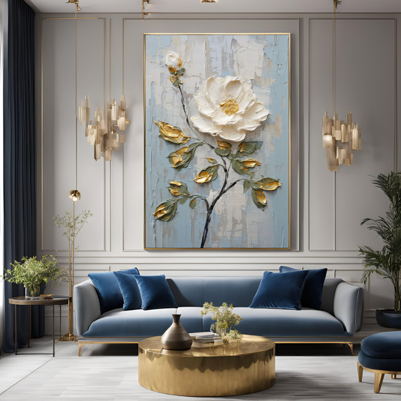 Yağlı Boya Dokulu Kabartmalı Altın Detaylı Çiçek Tablo