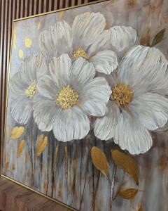 Yağlı Boya Dokulu Kabartmalı Altınlı Vintage Çiçek Tablo 90x90cm