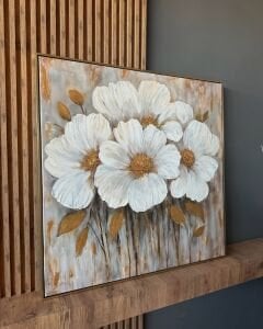 Yağlı Boya Dokulu Kabartmalı Altınlı Vintage Çiçek Tablo 90x90cm
