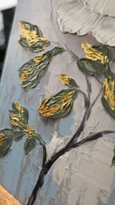 Yağlı Boya Dokulu Kabartmalı Altın Detaylı Çiçek Tablo