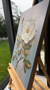 Yağlı Boya Dokulu Kabartmalı Altın Detaylı Çiçek Tablo