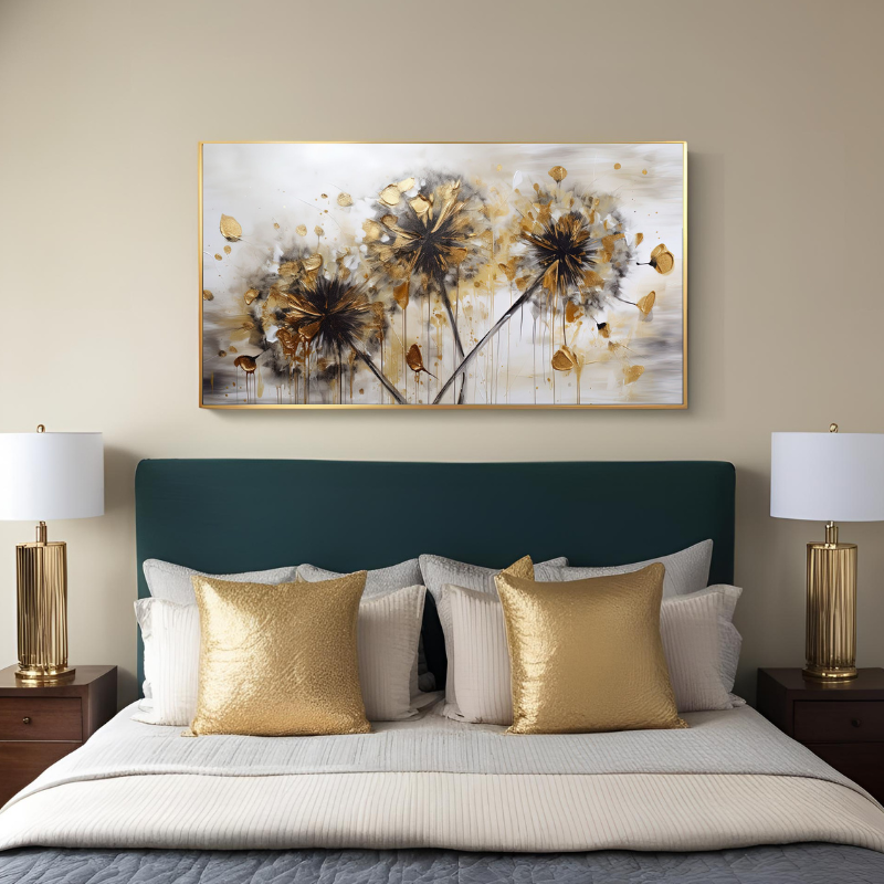 Yağlı Boya Dokulu Kabartmalı Gold Karahindiba Tablo 70x120cm