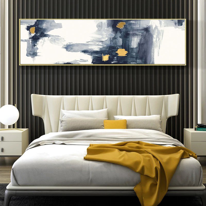 120x50cm Panoramik Kanvas Tuval Tablo Lacivert&Gold Soyut Kod: P016 Altın Metal Çerçeve-