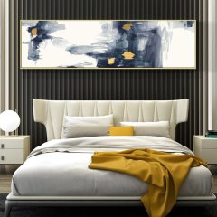 120x50cm Panoramik Kanvas Tuval Tablo Lacivert&Gold Soyut Kod: P016 Altın Metal Çerçeve-