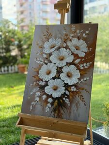 Yağlı Boya Dokulu Kabartmalı Altın Floral Tablo 70x90cm Özel Sipariş