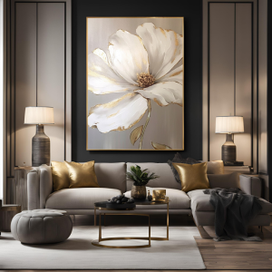 Yağlı Boya Dokulu Kabartmalı Altınlı Krem Çiçek Tablo