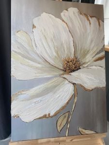 Yağlı Boya Dokulu Kabartmalı Altınlı Krem Çiçek Tablo