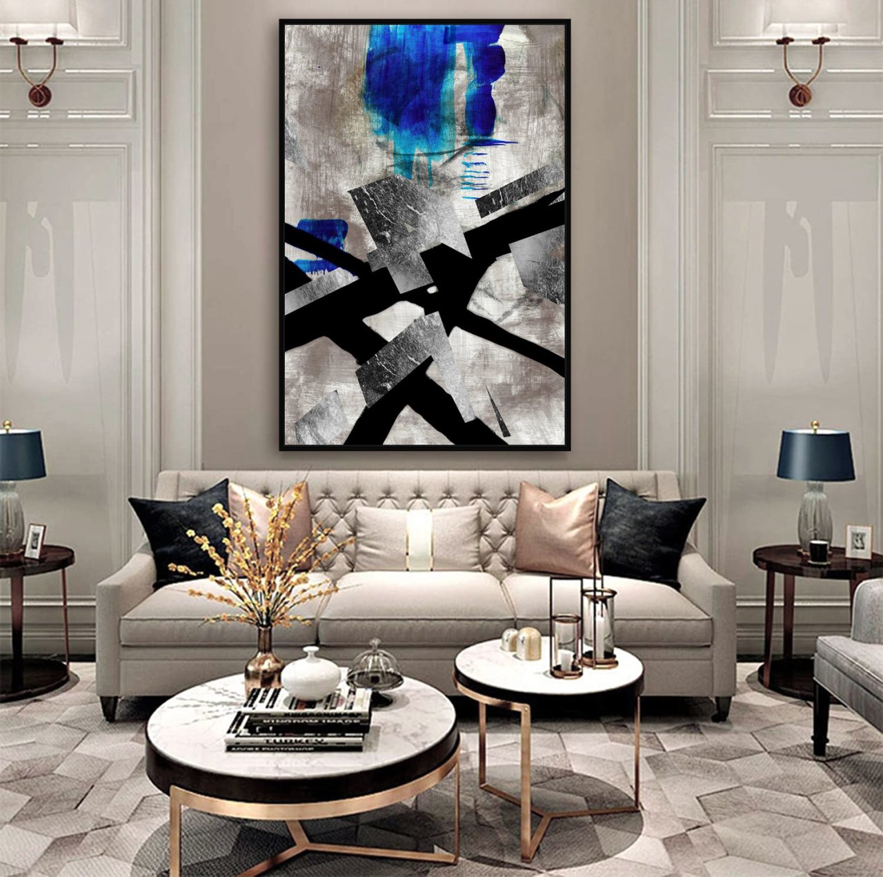 Kanvas Tuval Tablo Parlak Gri Soyut Kod: K284 90x90cm Kanvas Tablo - Altın Metal Çerçeve-