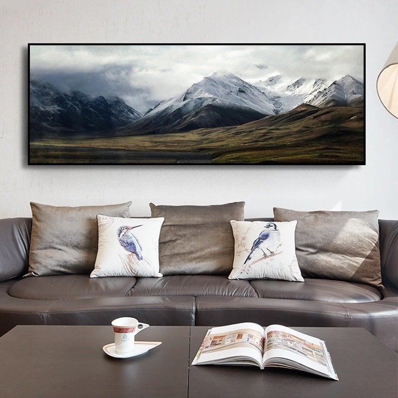 120x50cm Panoramik Kanvas Tuval Tablo Puslu Dağlar Kod: P1003 Altın Metal Çerçeve-