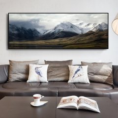 120x50cm Panoramik Kanvas Tuval Tablo Puslu Dağlar Kod: P1003 Altın Metal Çerçeve-