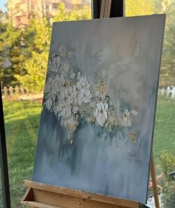 Yağlı Boya Dokulu Kabartmalı Soyut Çiçekler Tablo