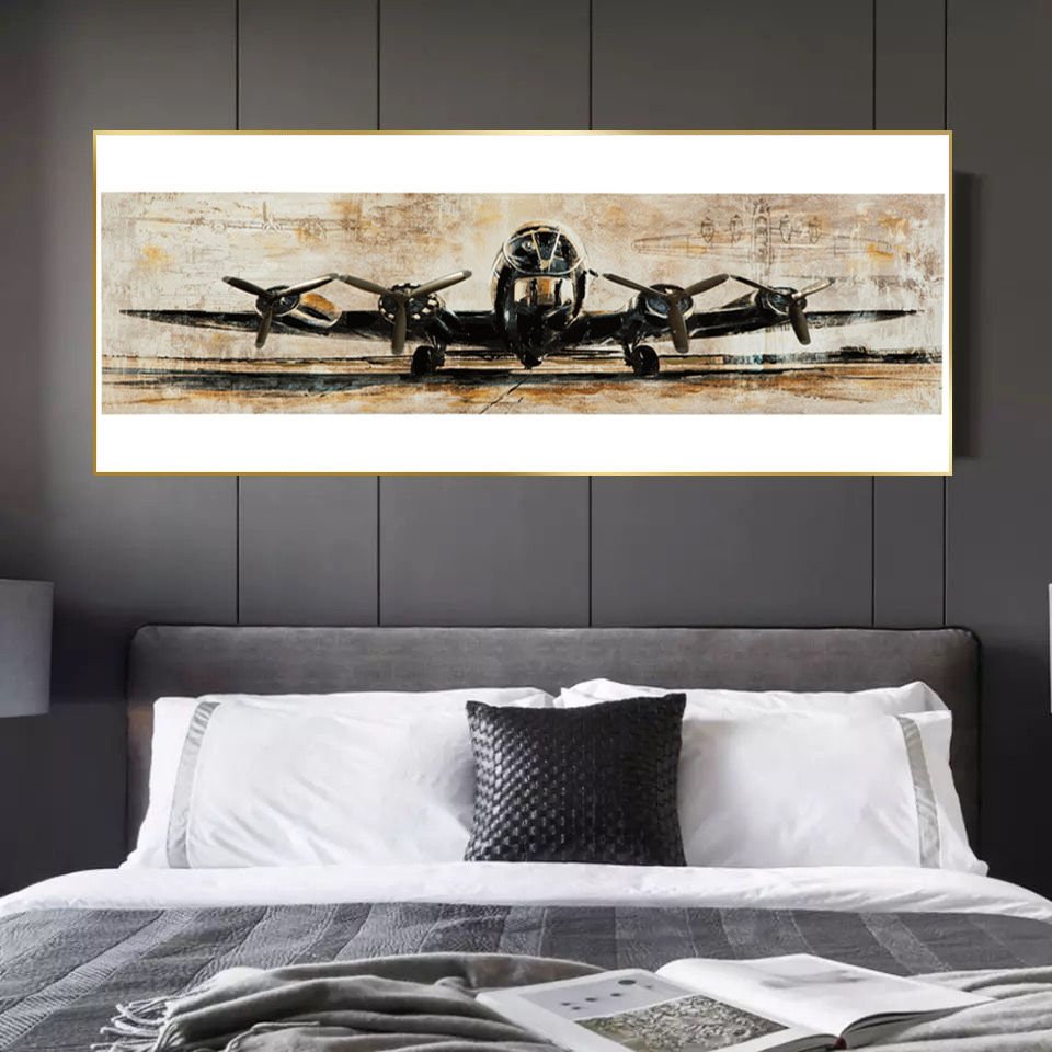 120x50cm Panoramik Kanvas Tuval Tablo Vintage Uçak Kod: H69-K Altın Metal Çerçeve-