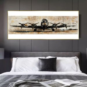 120x50cm Panoramik Kanvas Tuval Tablo Vintage Uçak Kod: H69-K Altın Metal Çerçeve-