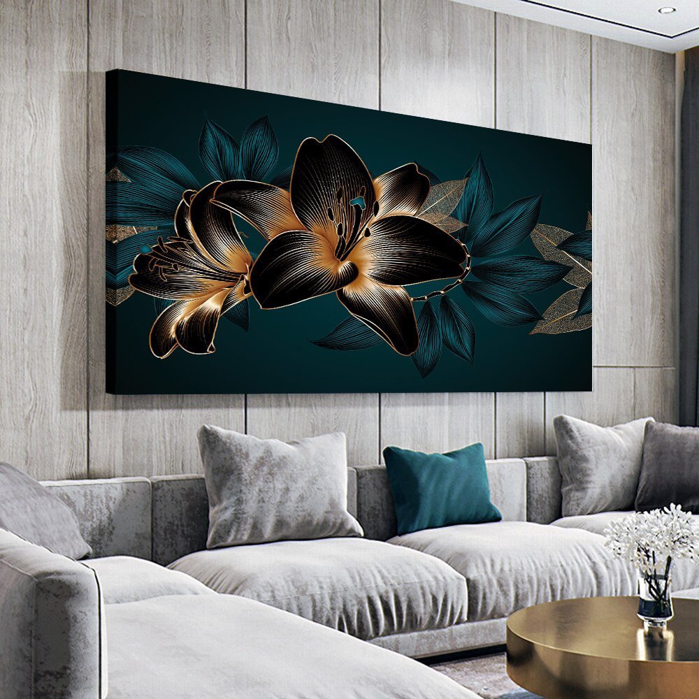 Kanvas Tablo Zümrüt Yapraklar Kod: LK704-K1 90x90cm Kanvas Tablo - Altın Metal Çerçeve-