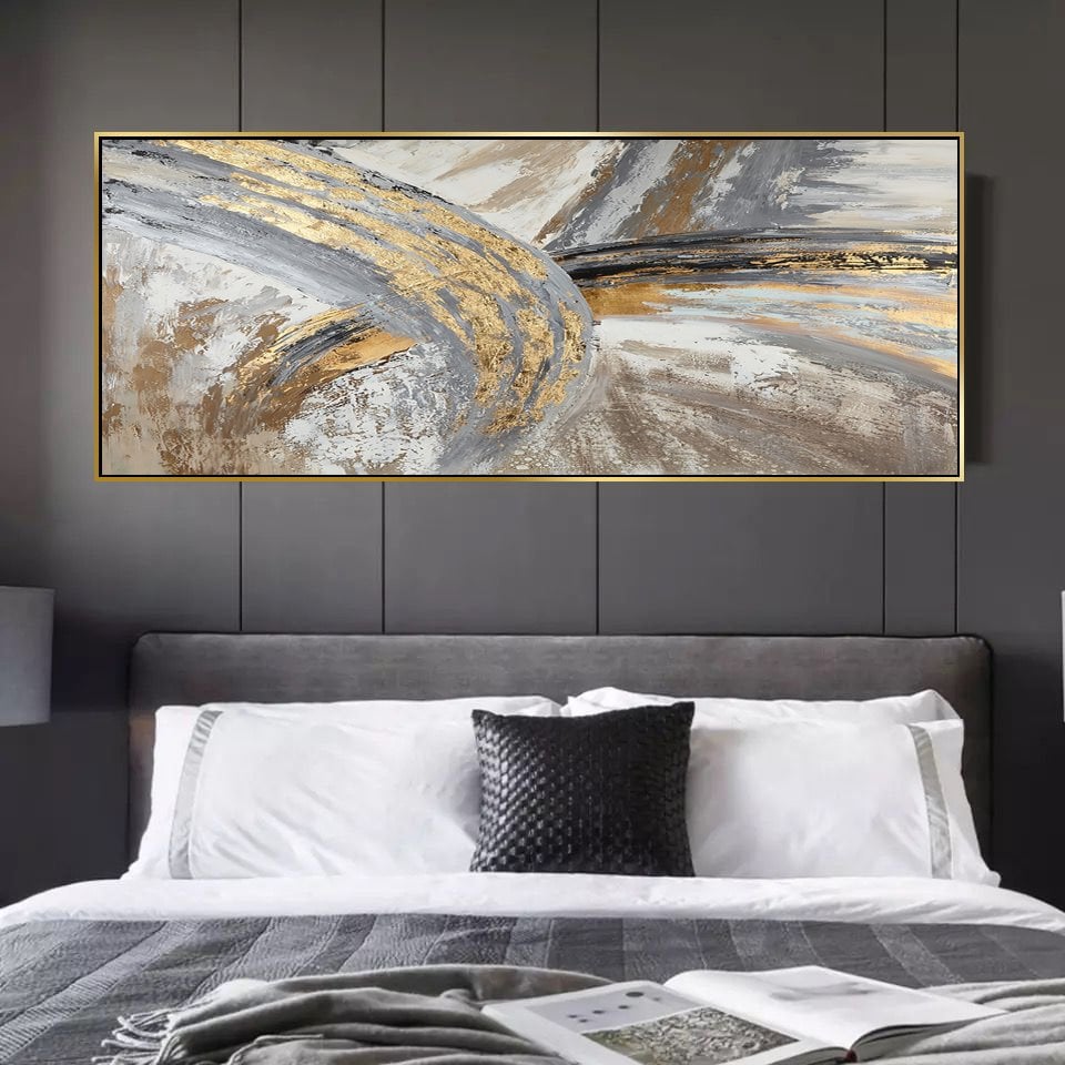 120x50cm Panoramik Kanvas Tuval Tablo Altınlı Soyut Kod: LK556-P