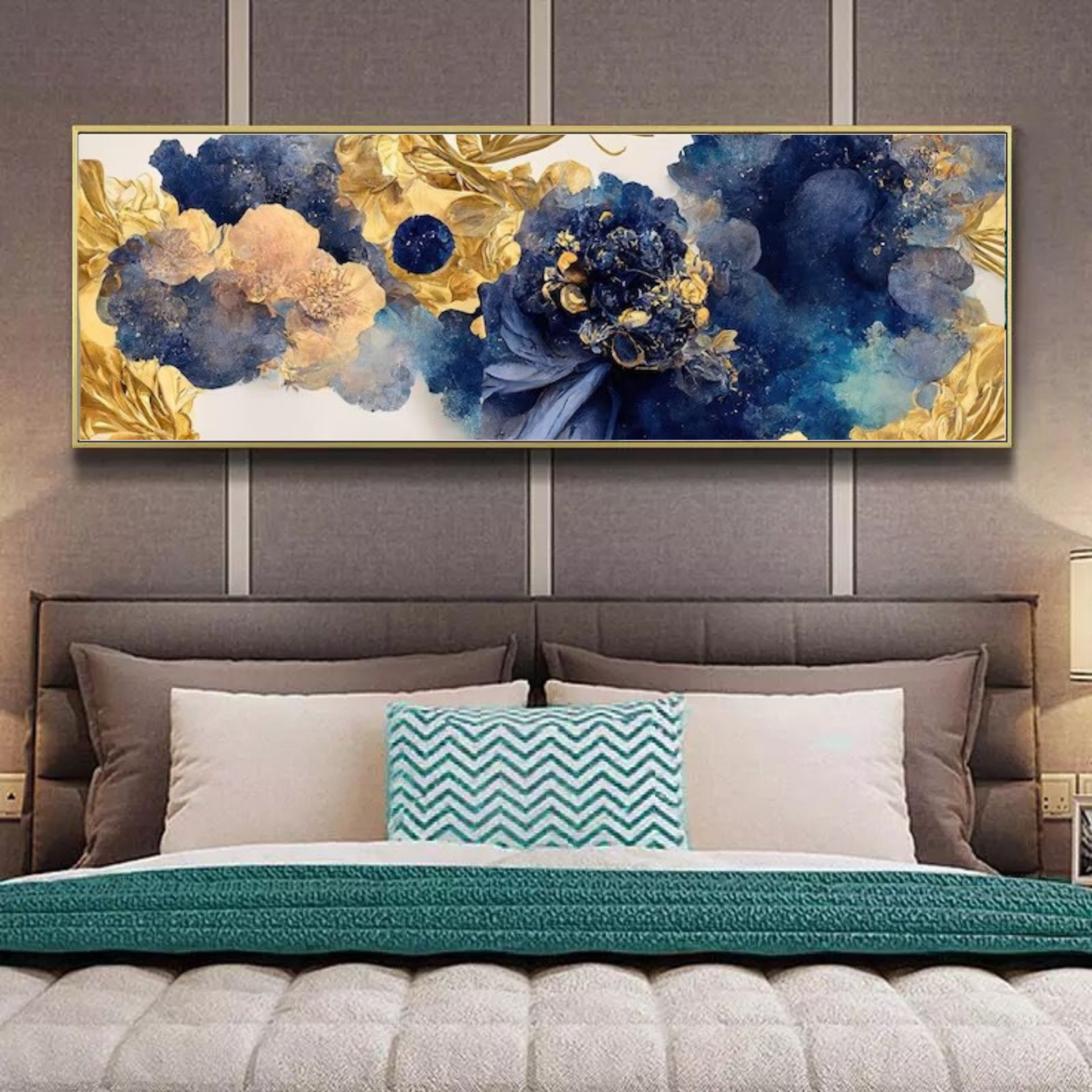 120x50cm Panoramik Kanvas Tuval Tablo Blue Ink Kod: TLH34-K Altın Metal Çerçeve-