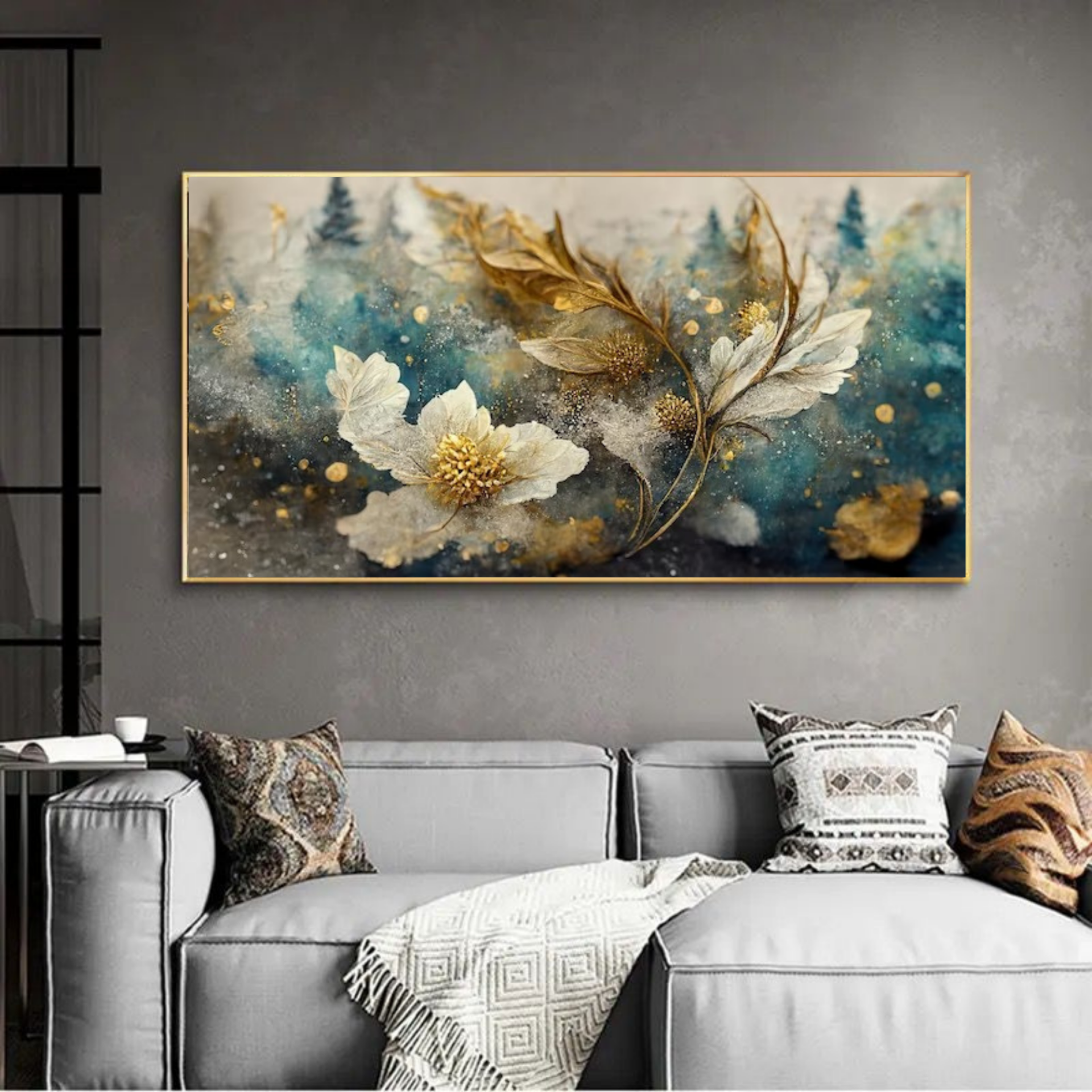 120x50cm Panoramik Kanvas Tuval Tablo Gold Detay Çiçek Kod: TLH33-K Altın Metal Çerçeve-