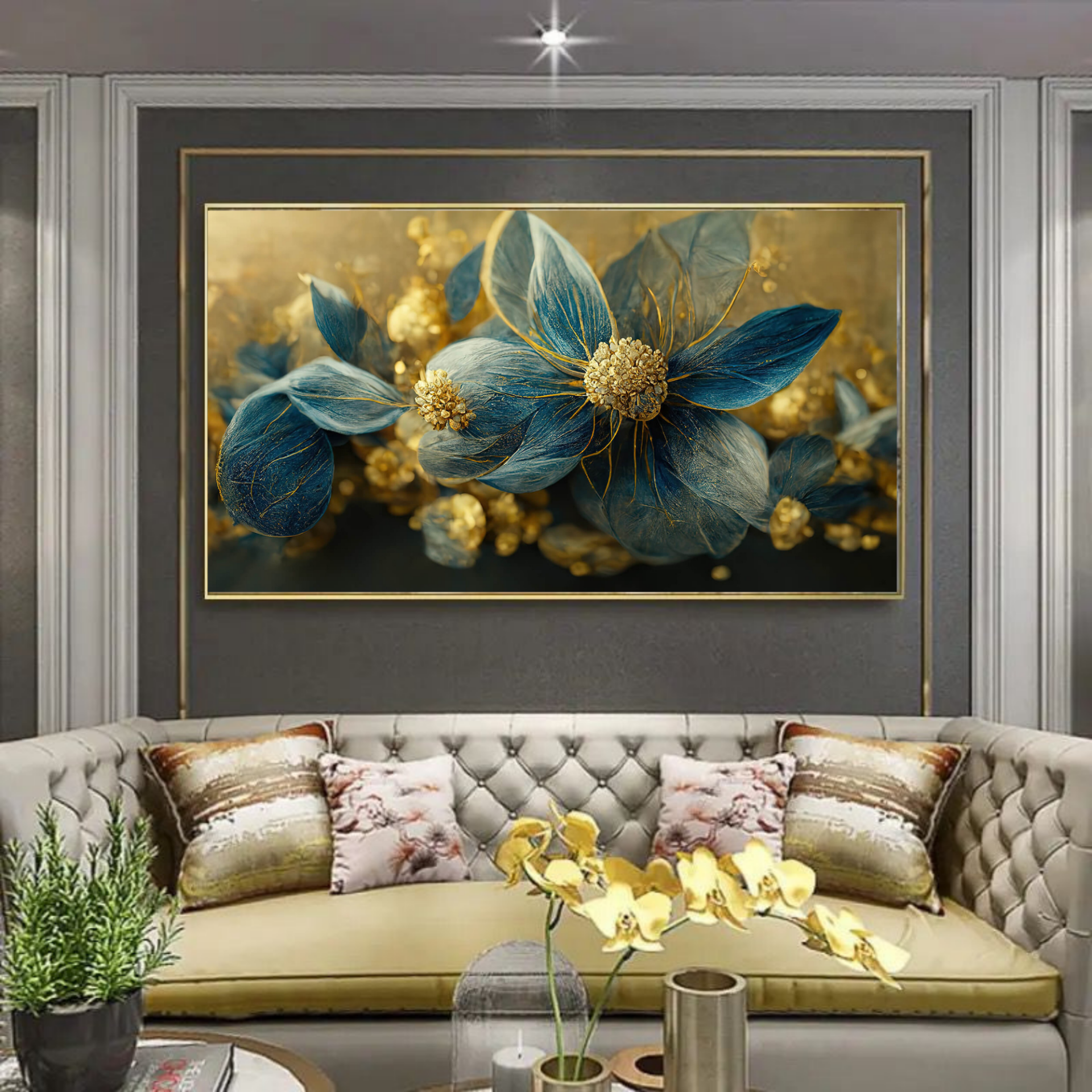 120x50cm Panoramik Kanvas Tuval Tablo Transparan Çiçek Kod: TLH32-K Altın Metal Çerçeve-