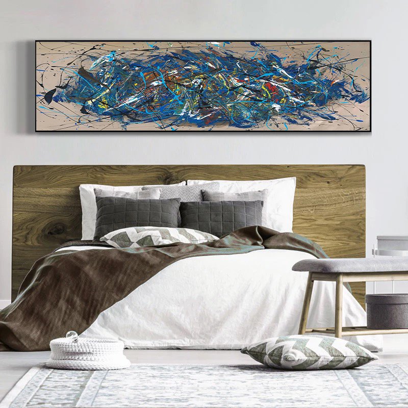 120x50cm Panoramik Kanvas Tuval Tablo Mavi Fırça Kod: P025 Altın Metal Çerçeve-