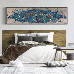 120x50cm Panoramik Kanvas Tuval Tablo Mavi Fırça Kod: P025 Altın Metal Çerçeve-